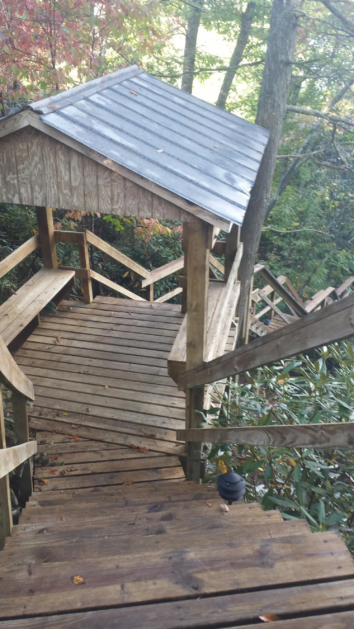 Metal roofed shelter over wooden steps on a wooded walkway — Skylight Repair & Installation work by our crew in Indian Hills